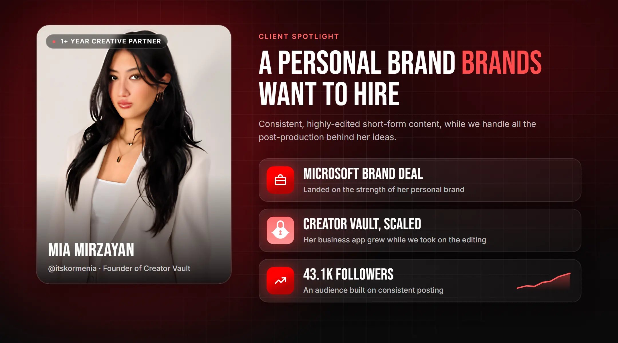Mia Mirzayan (@itskormenia), founder of Creator Vault: Microsoft brand deal, Creator Vault scaled, 43.1K followers
